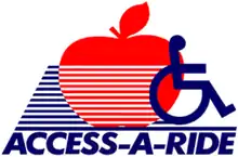 Access-A-Ride logo, consisting of a red apple, a blue wheelchair access icon, and the blue text "Access-A-Ride"