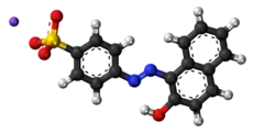 Ball-and-stick model of the component ions of acid orange 7