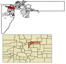 Location of the City of Arvada in Jefferson and Adams counties, Colorado