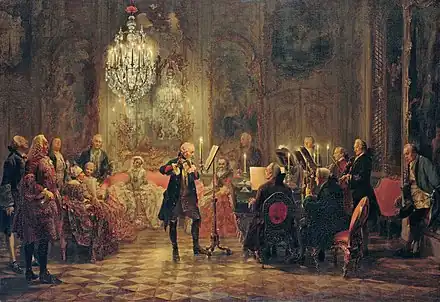 Painting of Frederick playing the flute with court musicians