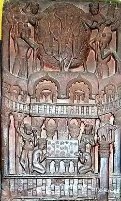 Ashoka's Mahabodhi Temple and Diamond throne in Bodh Gaya, built circa 250 BCE. Bharhut frieze