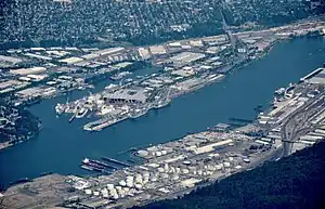 Aerial view of a portion of the area (foreground) from the west in 2018, with Swan Island in the background