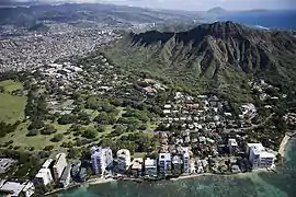 Aerial view of Waikiki Beach and Honolulu