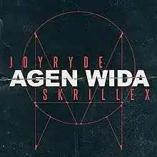 White bold text saying "Agen Wida" with two red thin texts saying "Joyryde" and "Skrillex" in front of a black background with the Owsla logo coloured red.