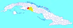 Aguada municipality (red) within  Cienfuegos Province (yellow) and Cuba