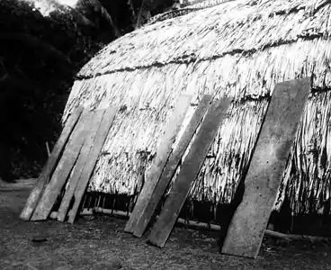 Beds set out to air, Bougainville Island, Solomon Islands, c. 1944. The broad planks are beds; short lengths of bamboo are pillows.