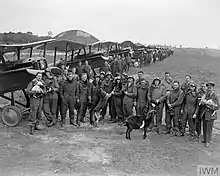 The officers of No. 85 Squadron, including Major Mannock, in front of their Royal Aircraft Factory S.E.5a scouts at St Omer aerodrome, 21 June 1918