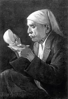 Painting of an old man pouring liquid from a cup into a saucer