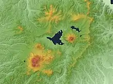 Akan CalderaLake Akan (center)Mount Meakan (bottom left)Mount Oakan (center right)