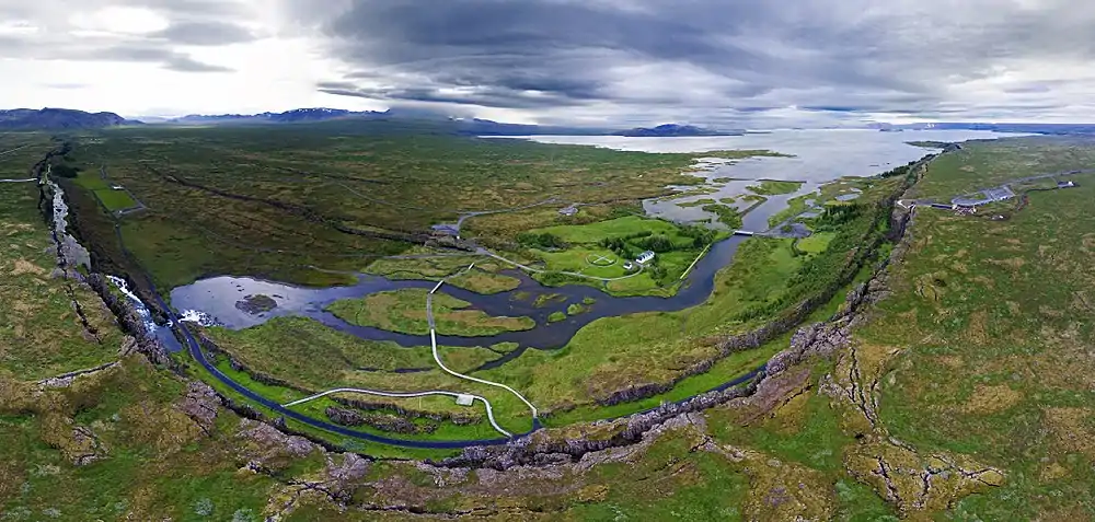 Panorama of Þingvellir's Lögberg taken in June 2017.