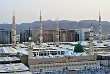 The Green Dome, mausoleum of the prophet Muhammad, Abu Bakr and Omar I, located in the Prophet's Mosque in Medina, Saudi Arabia