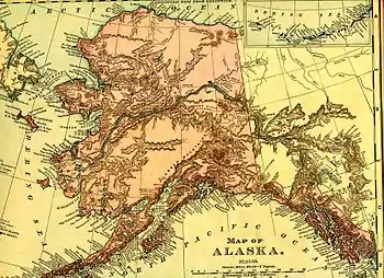 Image 10Alaska in 1895 (Rand McNally). The boundary of southeastern Alaska shown is that claimed by the United States before the conclusion of the Alaska boundary dispute. (from History of Alaska)