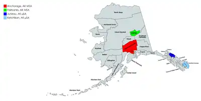 Map of the four core-based statistical areas in Alaska.