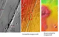 Graben near Alba Patera.  Graben and catenae, collapse features, both caused by faults.  When the crust is stretched, faults form and material falls into voids created by the stretching.  Uranius Tholus (upper) and Ceraunius Tholus (largest) volcanoes are visible in wide context view, below and to the right of Alba Patera.  Image is located in Arcadia quadrangle.  Image taken with THEMIS