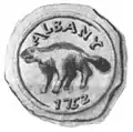 A black and white image shows a wax seal consisting of a circle, inside which is a beaver at center, topped by the letters ALBANY, atop the year 1752.