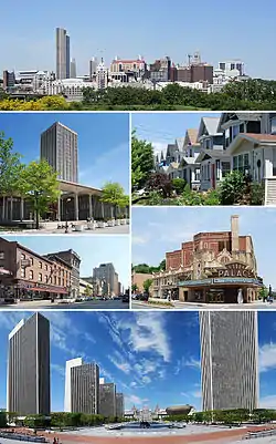 A medley of different scenes to represent the diversity of the city. At top is a photo of the city's skyline, juxtaposing modern towers from the 1960s with older buildings dating back to the 19th century. Above center, right shows cookie-cutter, single-family houses, all two-stories with porches. Below center, right shows the marquee of a buff- and red-brick theater; marquee reads "PALACE". Bottom is a panoramic view of an open courtyard split by reflecting pools and surrounded by four modern, glass and concrete towers on left and one taller tower on right; in center is a Romanesque, granite, five-story capitol building. Below center, left shows a city street populated with old brick buildings. Above center, left shows a modern, glass and concrete tower surrounded by a shorter building of the same style.