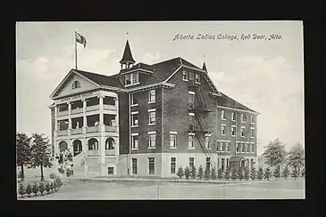 Exterior view of Alberta ladies College, Red Deer, Alberta, and adjacent grounds.