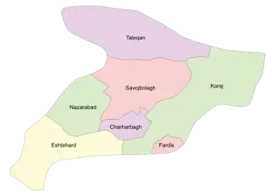 Location of Nazarabad County in Alborz province (left, green)