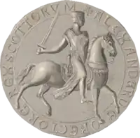 Reverse side of the circular seal used by Alexander the Second, showing the King, in full armour, seated on horseback. The upright Lion symbol is shown upon both the saddle and the shield held by the King.