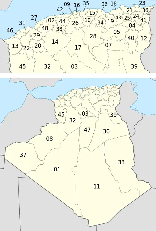 Map of the provinces of Algeria numbered according to the official order.