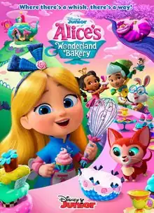 Alice smiling and holding a whisk alongside other characters against a bright-colored background