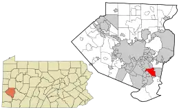 Location of McKeesport in Allegheny County, Pennsylvania (right) and of Allegheny County in Pennsylvania (left)