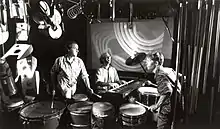 The Alloy Orchestra performing in 1995.  R to L - Ken Winokur, Caleb Sampson, Terry Donahue