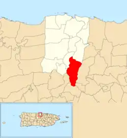 Location of Almirante Sur within the municipality of Vega Baja shown in red