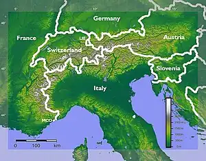 Image 12The Alps extend in an arc from France in the south and west to Slovenia in the east, and from Monaco in the south to Germany in the north. (from Alps)