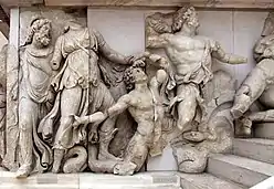 Unknown artist: Nereus, Doris, a giant, Oceanus, from the Pergamon Altar (detail), 2nd century BC. Pergamonmuseum, Berlin