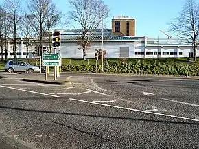 Altnagelvin Junction, which in 2004 saw 12930 vehicles pass through every day. Altnagelvin Area Hospital is in the background.