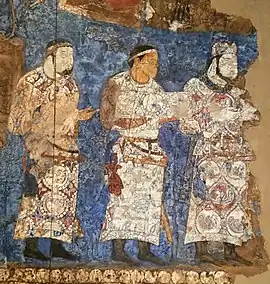 Ambassadors from Chaganian (central figure, inscription of the neck), and Chach (modern Tashkent) to king Varkhuman of Samarkand. 648-651 AD, Afrasiyab murals, Samarkand. The delegate to the right has a Simurgh design on his dress.