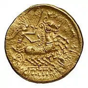 Ambiani gold stater. An auriga driving a biga.