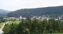 A small village with white buildings and orange roofs sits in the middle of a forest.