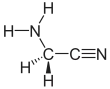 Stereo, skeletal formula of aminoacetonitrile with all implicit carbons shown, and all explicit hydrogens added