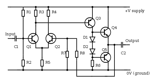 An electronic circuit diagram including resistors, capacitors, transistors and diodes