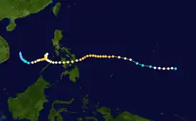 Track of a tropical cyclone as represented by colored dots; each dot represents the storm's position and intensity at 6-hour intervals.