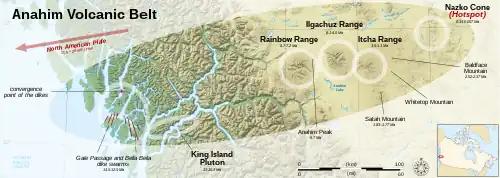 Image 34Map of the Anahim Volcanic Belt centers. (from Geology of the Pacific Northwest)