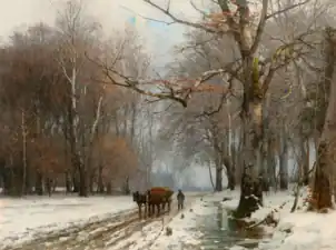 Wintery landscape with a farmer leading a horsewagon