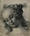 Andrea del Verrocchio - Head of a Woman, (verso & recto), c. 1475, charcoal (some oiled?), heightened with lead white, pen and brown ink (r.), charcoal (v.), 324 x 273 mm., British Museum. Verrocchio is credited with inventing this type of ideal beauty.