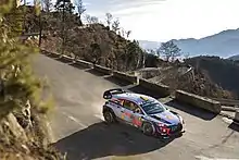 Hyundai's Andreas Mikkelsen and Anders Jæger-Synnevaag on the Col de Braus mountain pass in 2018.