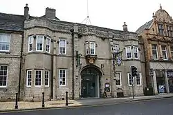 The front of the Angel and Royal Hotel, Grantham, showing the front of the building with a 15th century facade.