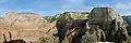 Observation Point left, Cable Mountain centered, The Great White Throne right.Viewed from Angels Landing