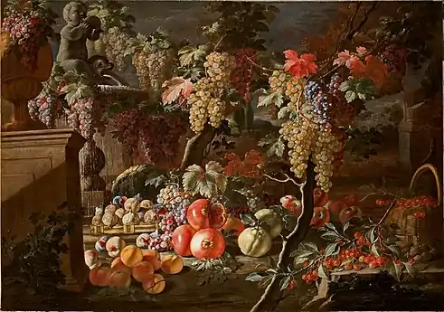 Still life of fruit on an entablature in a landscape