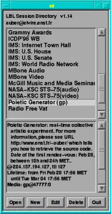 Announcement of a session on the Mbone (February 1996). Screenshot of the "session directory" (Lawrence Berkeley National Laboratory)