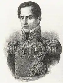 A lithograph showing the bust of a clean-shaven man.  He is in military dress uniform with one medal around his neck and several others pinned at his shoulder.