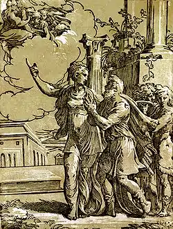 The Tiburtine sibyl and the Emperor Augustus, a 16th-century chiaroscuro woodcut by Antonio da Trento