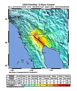 A large red spot which mark the area where the quake felt stronger. A star marks the epicenter.