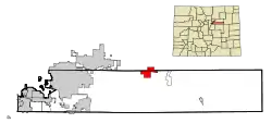 Location of the Strasburg CDP in Adams and Arapahoe County, Colorado.