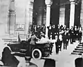 Archduke Franz Ferdinand and his wife, Sophie, departing from the Sarajevo City Hall (Vijećnica), shortly before their assassination on 28 June 1914.